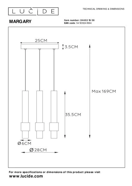 Lucide MARGARY - Hanglamp - Ø 28 cm - LED Dimb. - 3x4W 2700K - Zwart - technisch